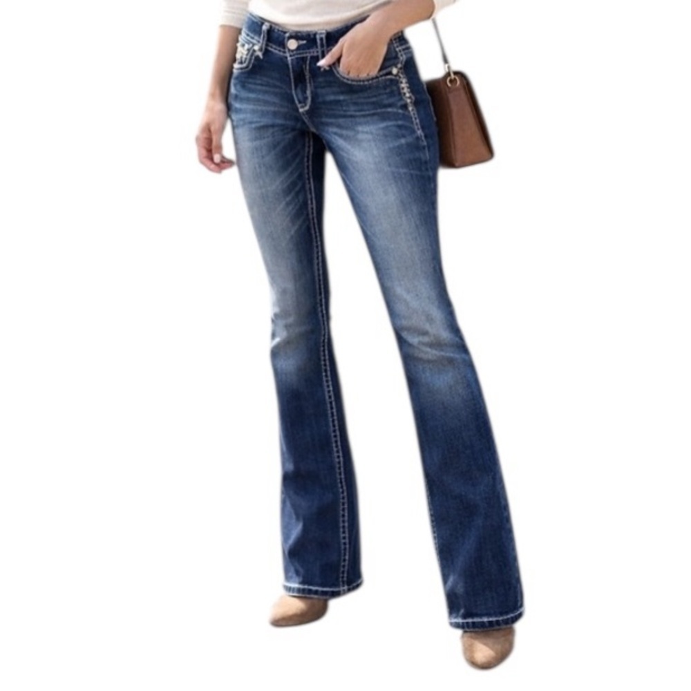 Rock Revival Women’s Leni Easy Bootcut Mid-Rise Embellished Jeans – Sz 31